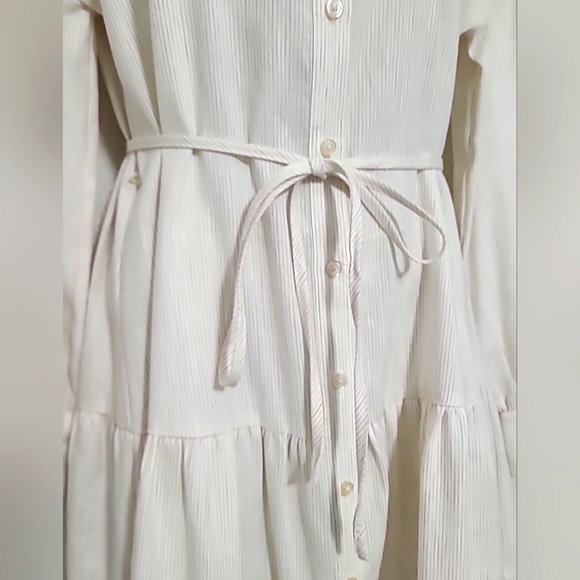 Alex Marie Long Sleeve Striped Fit & Flare Dress Button Up Stand Collar Beige 4 - Picture 6 of 10